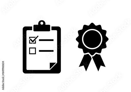 Vector Checklist Document with Checkbox Markings Alongside a Winner's Rosette Illustration