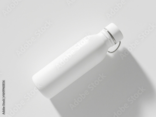 A modern white reusable water bottle placed on a clean white background with soft shadow. Concept of eco-friendly hydration, sustainable lifestyle, sports bottle mockup, minimal design, and healthy