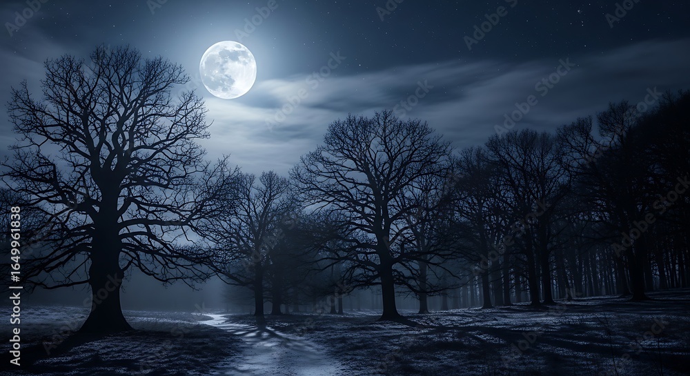 Fototapeta premium Forest at Night with Full Moon Glowing in Cloudy Sky