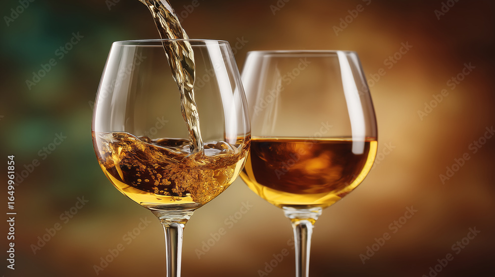 Pouring white wine into an elegant crystal glass with a splash Pouring white wine into an elegant crystal glass with a splash