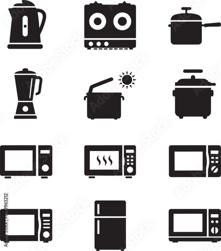 Collection of kitchen appliance icons including kettles blenders microwaves and refrigerators