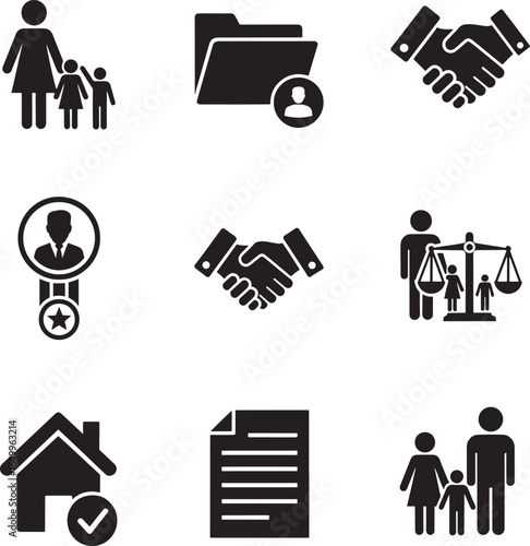 Collection of black icons representing family legal matters and business relationships