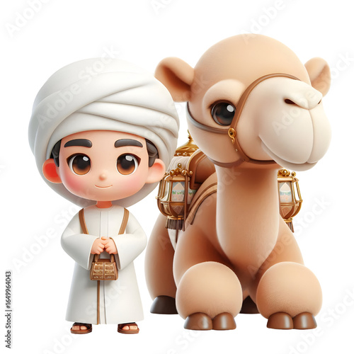 3D CUTE A camel and a man in a white robe with a camel in the background isolated on a white background