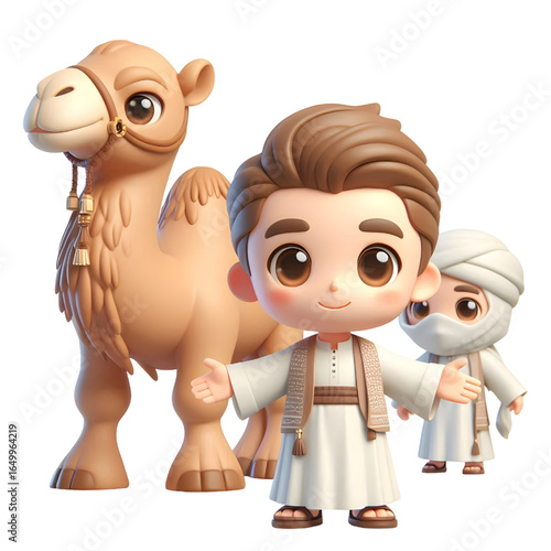 3D CUTE A camel and a man in a white robe with a camel in the background isolated on a white background