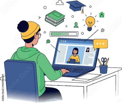 Engaged student participating in a virtual online learning session from home, a vibrant illustration of modern remote education and digital study.