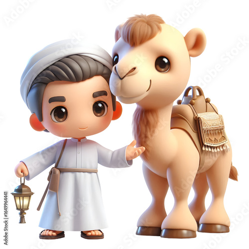 3D CUTE A camel and a man in a white robe with a camel in the background isolated on a white background