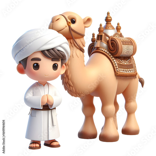 3D CUTE A camel and a man in a white robe with a camel in the background isolated on a white background