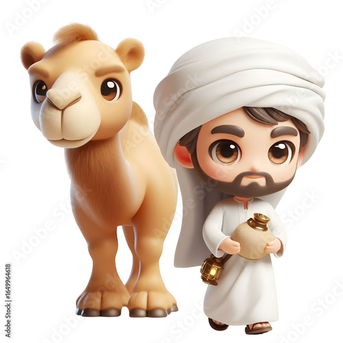 3D CUTE A camel and a man in a white robe with a camel in the background isolated on a white background
