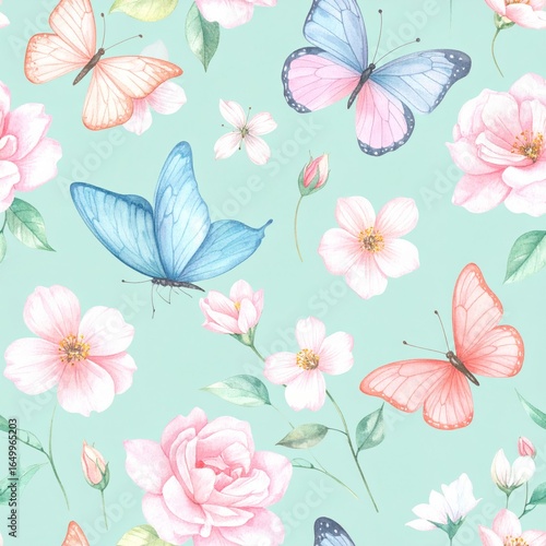 Seamless floral pattern with abstract blue pink flowers and leaves. Watercolor colorful print in rustic vintage style, textile or wallpapers background