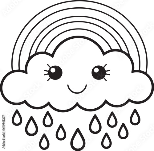 Cute smiling cloud with rainbow and rain drops outline drawing weather
