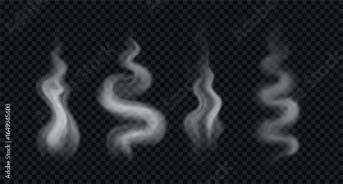 Realistic vector hot smoke or steam from food. White and wavy vapor isolated on dark transparent background