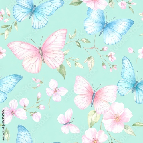 Seamless floral pattern with abstract blue pink flowers and leaves. Watercolor colorful print in rustic vintage style, textile or wallpapers background