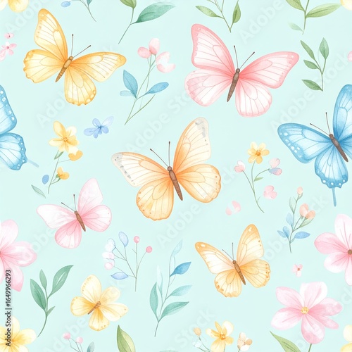 Seamless floral pattern with abstract blue pink flowers and leaves. Watercolor colorful print in rustic vintage style, textile or wallpapers background