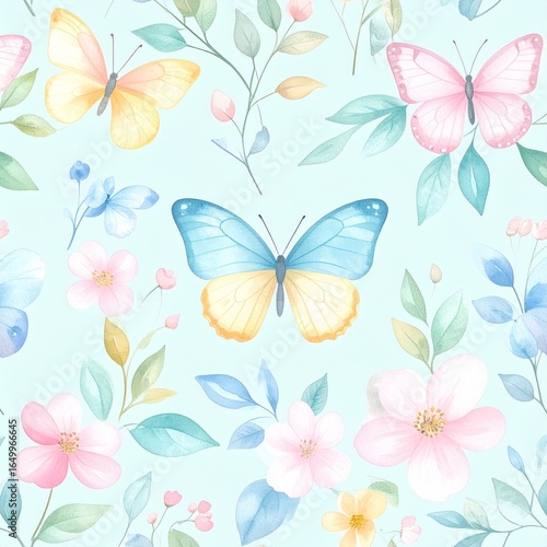 Seamless floral pattern with abstract blue pink flowers and leaves. Watercolor colorful print in rustic vintage style, textile or wallpapers background