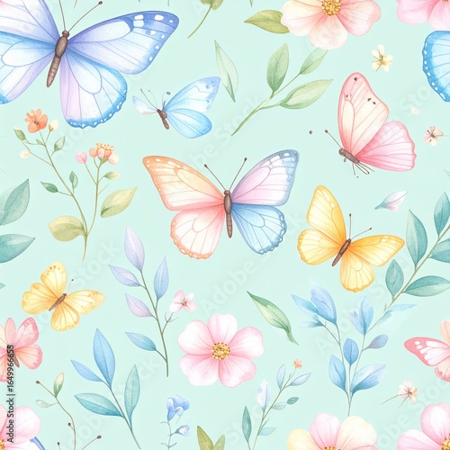 Seamless floral pattern with abstract blue pink flowers and leaves. Watercolor colorful print in rustic vintage style, textile or wallpapers background