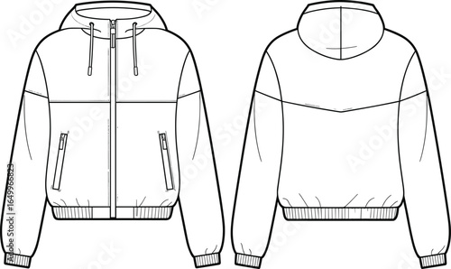 Hooded jacket technical flat sketch, front and back views, zipper closure, ribbed cuffs and hem, zippered pockets, yoke detail, cad drawing flat vector illustration