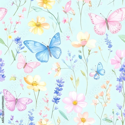 Seamless floral pattern with abstract blue pink flowers and leaves. Watercolor colorful print in rustic vintage style, textile or wallpapers background