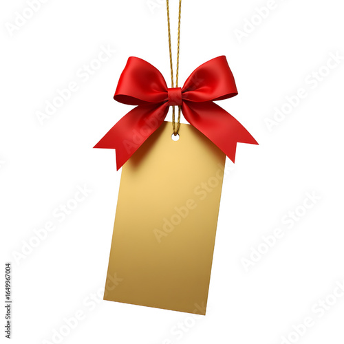 golden christmas gift tag with red ribbon bow hanging isolated on white background
