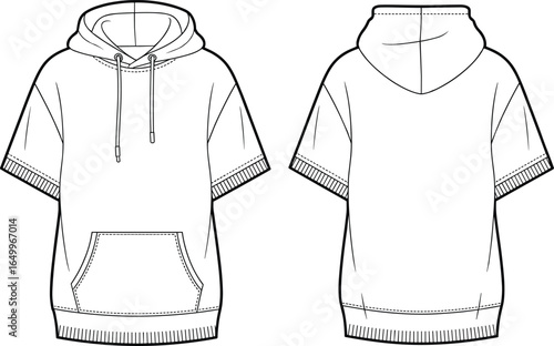 Short sleeve hoodie technical flat sketch, front and back views, drawstring hood, kangaroo pocket, ribbed cuffs and hem, cad drawing flat vector illustration
