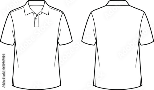 Short sleeve polo shirt technical flat sketch, front and back views, collared placket with buttons, classic casual style, cad drawing flat vector illustration