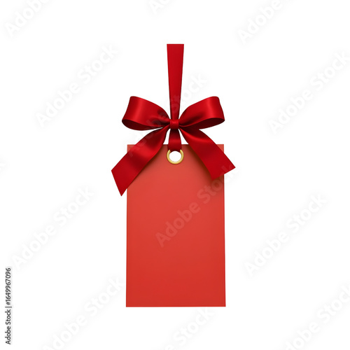 golden christmas gift tag with red ribbon bow hanging isolated on white background