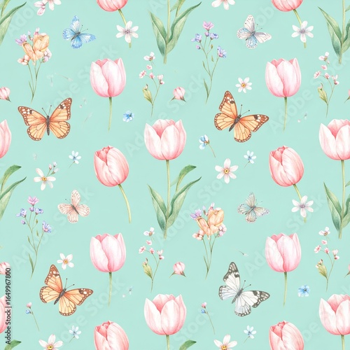 Seamless floral pattern with abstract blue pink flowers and leaves. Watercolor colorful print in rustic vintage style, textile or wallpapers background
