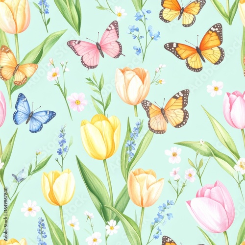 Seamless floral pattern with abstract blue pink flowers and leaves. Watercolor colorful print in rustic vintage style, textile or wallpapers background