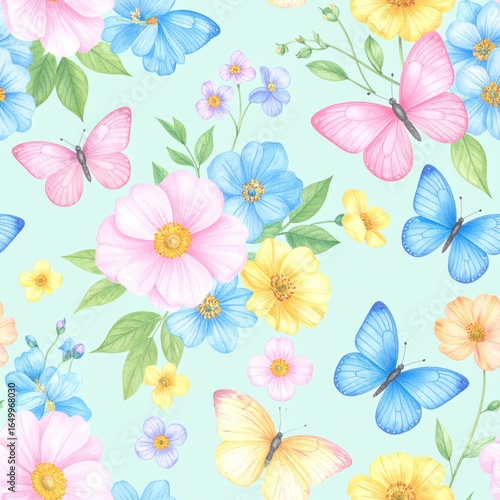 Seamless floral pattern with abstract blue pink flowers and leaves. Watercolor colorful print in rustic vintage style, textile or wallpapers background