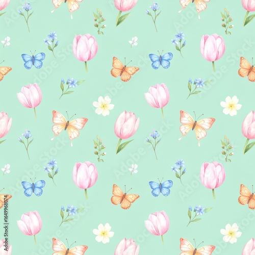 Seamless floral pattern with abstract blue pink flowers and leaves. Watercolor colorful print in rustic vintage style, textile or wallpapers background