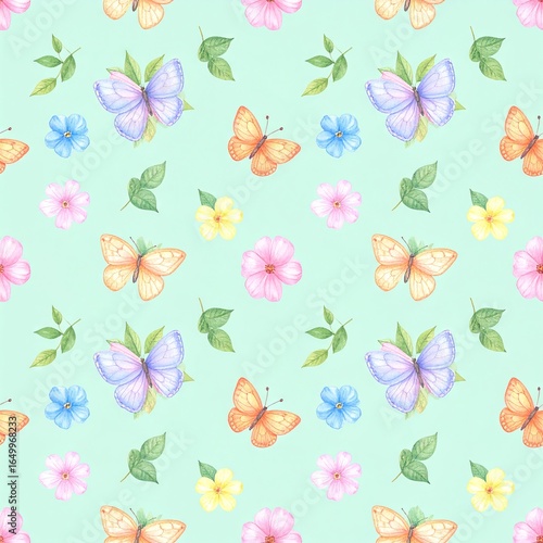 Seamless floral pattern with abstract blue pink flowers and leaves. Watercolor colorful print in rustic vintage style, textile or wallpapers background