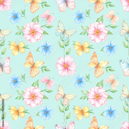 Seamless floral pattern with abstract blue pink flowers and leaves. Watercolor colorful print in rustic vintage style, textile or wallpapers background