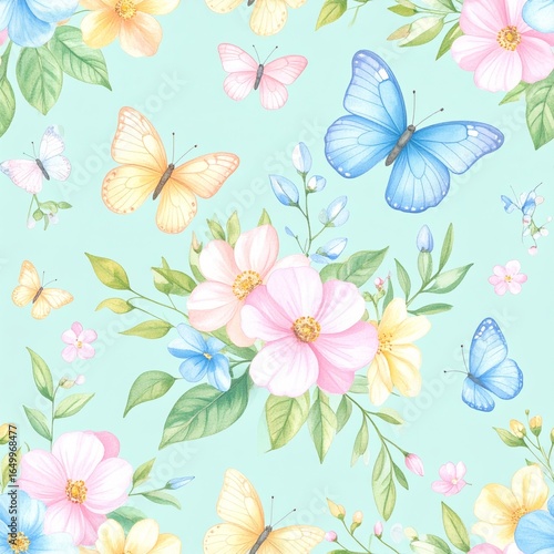 Seamless floral pattern with abstract blue pink flowers and leaves. Watercolor colorful print in rustic vintage style, textile or wallpapers background