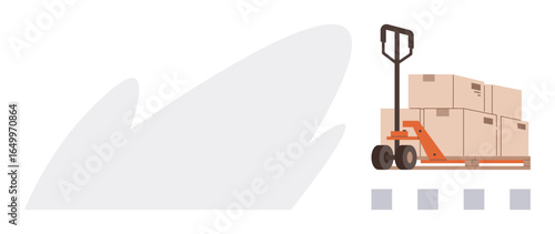 Loaded pallet jack with stacked cardboard boxes prepared for transportation or storage. Ideal for logistics, delivery, shipping, supply chain, warehouse, inventory, distribution. Clean and simple