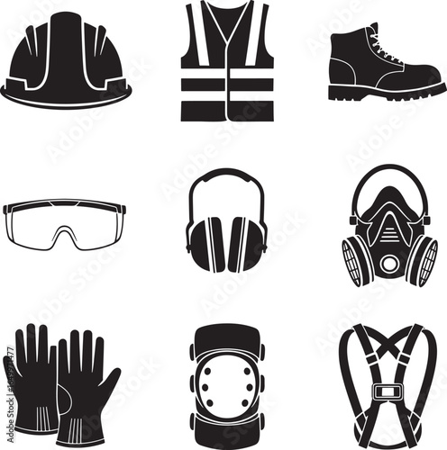 Collection of personal protective equipment icons for safety and construction