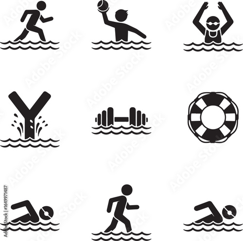 Set of nine water sports and swimming icons with a white background