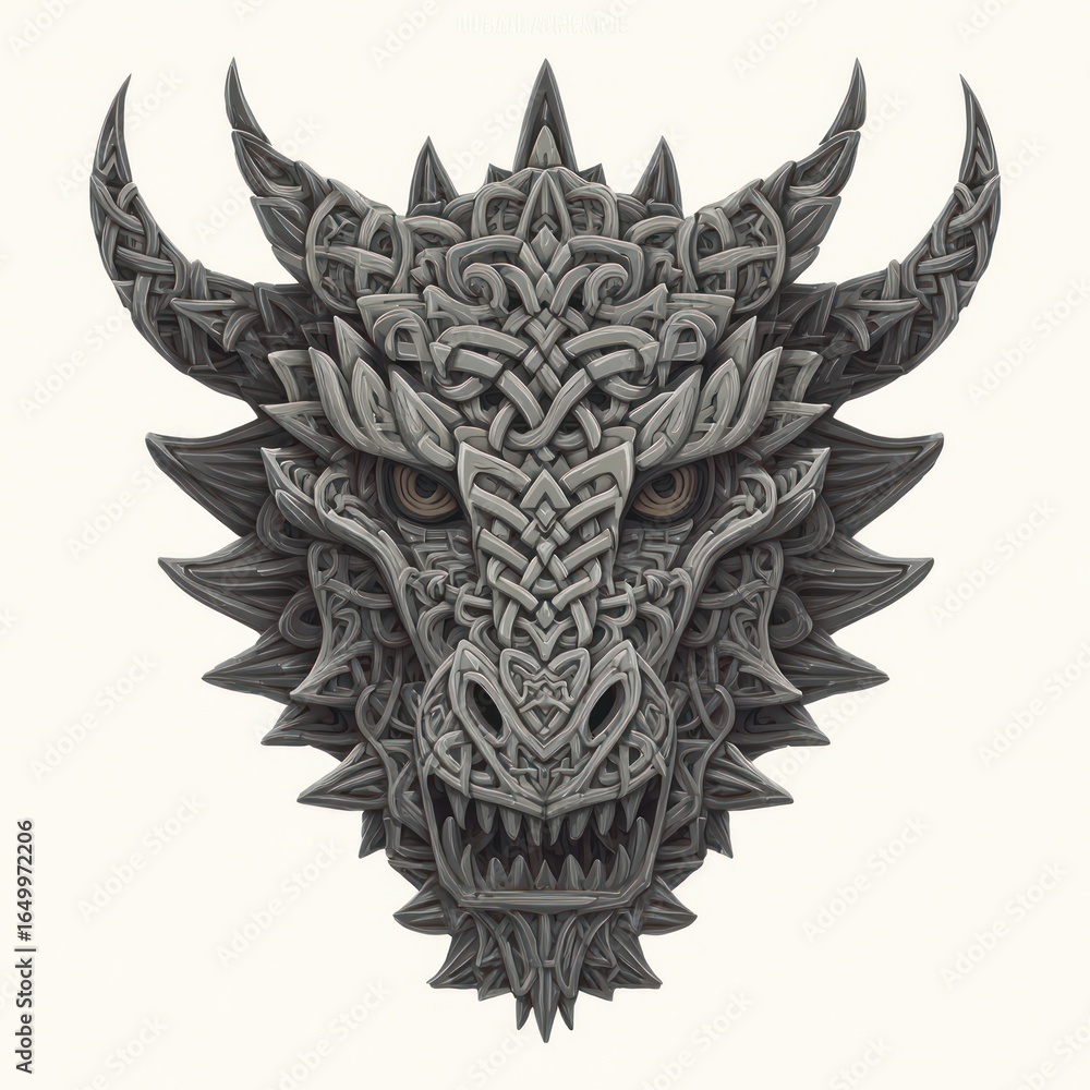 Obraz premium Elaborate, intricate grey dragon head with detailed Celtic knot-like patterns and horns
