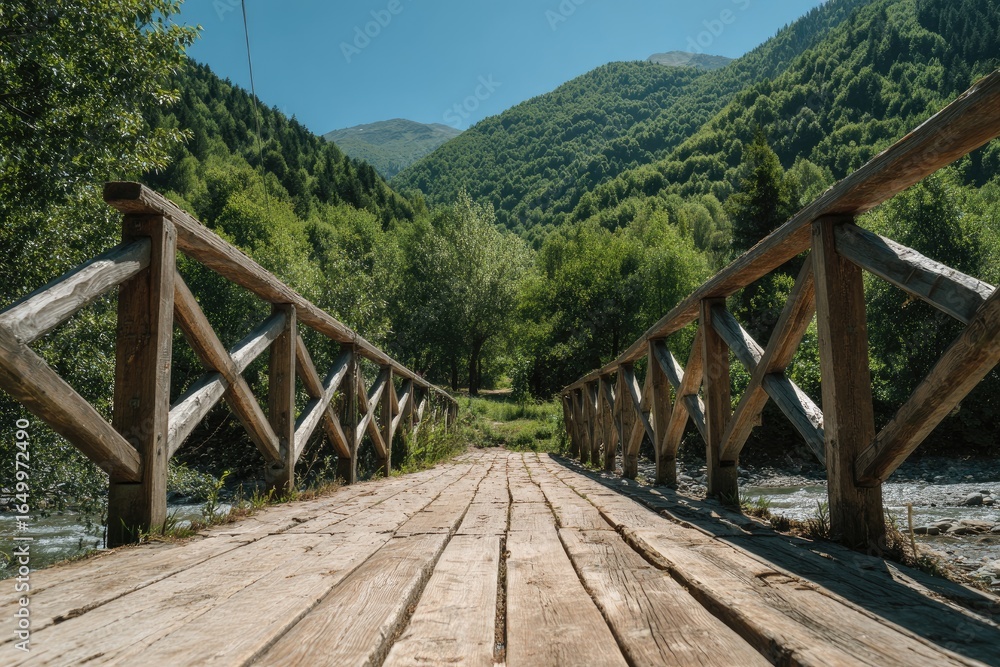 Obraz premium Wooden bridge through lush valley