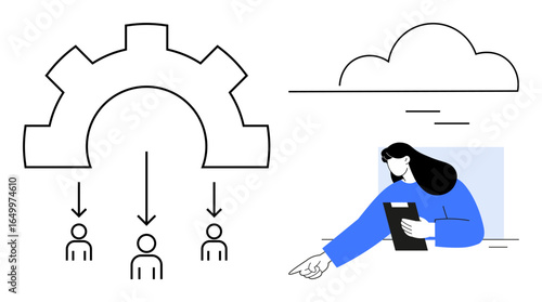 Gear symbol delegating tasks to team members with guidance from a woman holding a clipboard and pointing. Ideal for automation, teamwork, guidance, instruction, leadership, task management, simple