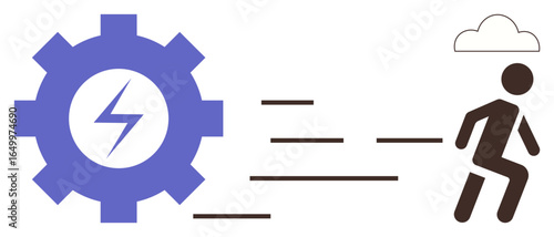 Gear with lightning bolt, streaks showing speed, person running, cloud above. Ideal for energy, productivity, efficiency, motion power innovation teamwork. Modern simple flat metaphor