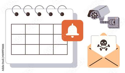 Calendar, notification bell, surveillance camera, and malware warning envelope combine themes of scheduling, alert systems, cybersecurity, data protection, risk management and technology. Ideal