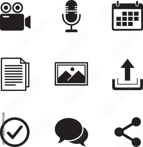 Collection of modern flat icons representing various digital functions and media
