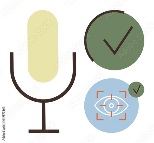 Microphone, eye icon with focus frame, and checkmarks emphasize voice control, visual recognition, and task verification. Ideal for accessibility, AI, interfaces, authentication productivity