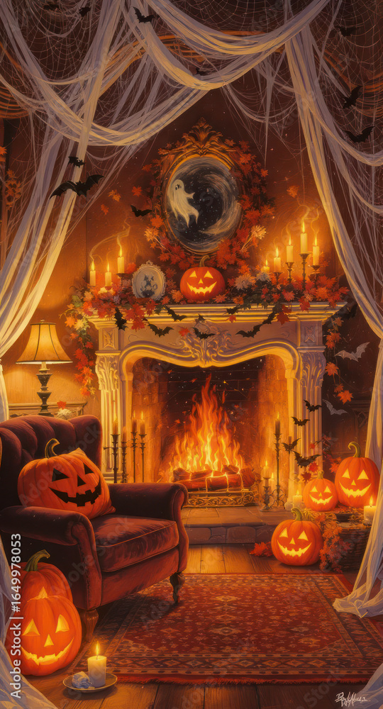Obraz premium Cozy Halloween Fireplace Decor