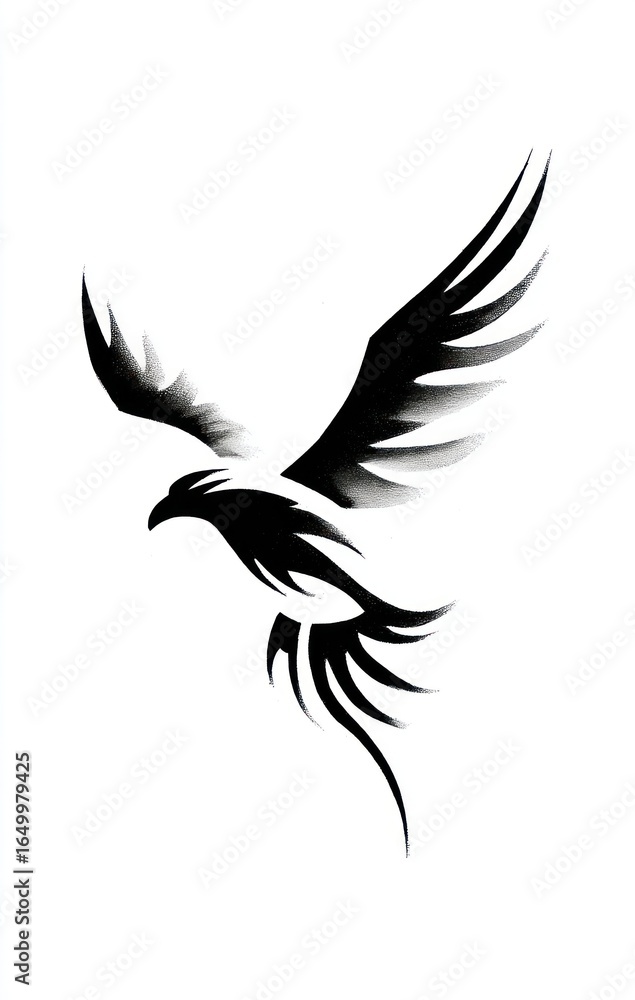 Fototapeta premium Stylized black eagle design with wings spread, isolated on white background