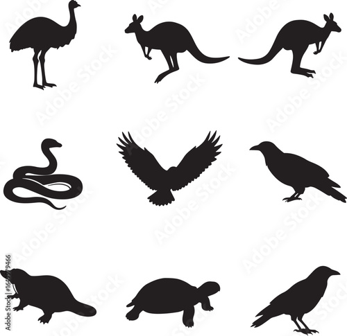 Collection of australian wildlife silhouettes including kangaroo emu snake platypus and birds