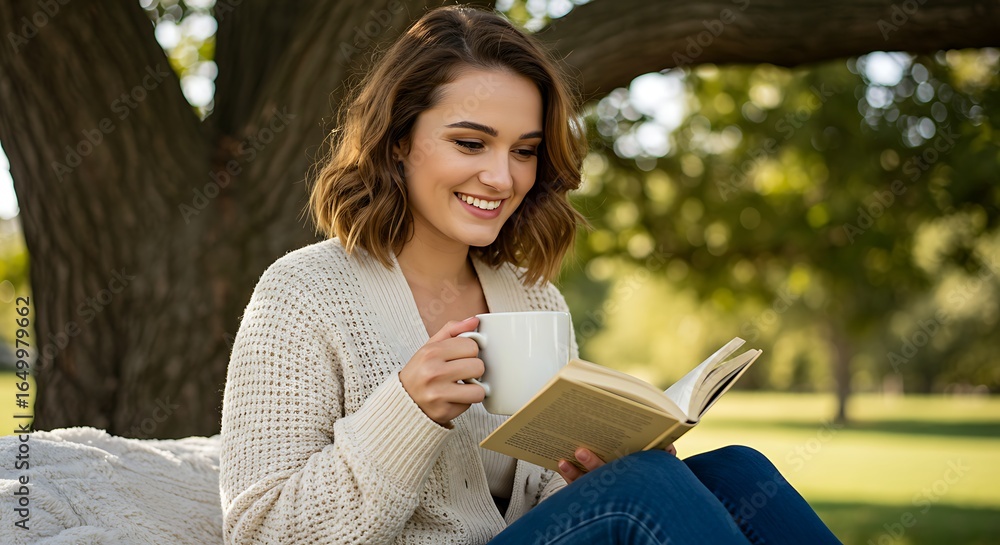 Obraz premium Serene Reading in Nature's Embrace: A young woman immersed in a book, savoring a warm drink, basking in the tranquil embrace of nature and a sunny day.
