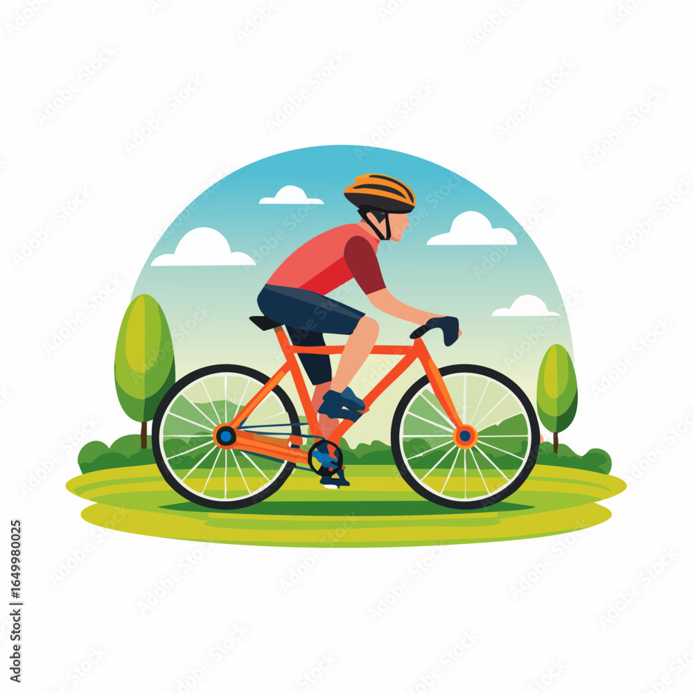 Fototapeta premium Flat style vector icon of a cyclist on a bicycle, representing cycling sport and outdoor activity.