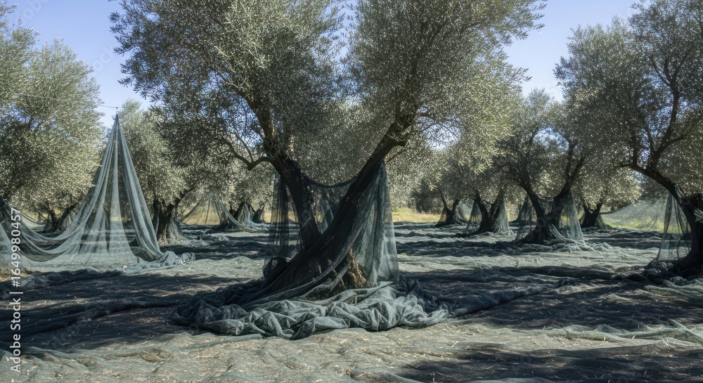Obraz premium Olive grove draped in netting for harvest preparations under a sunny sky