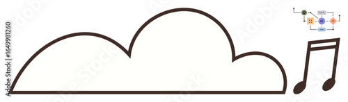 Simple cloud outline connected to a musical note and network diagram. Ideal for cloud computing, music streaming, digital sharing, innovation, technology, networking, data storage. A simple flat
