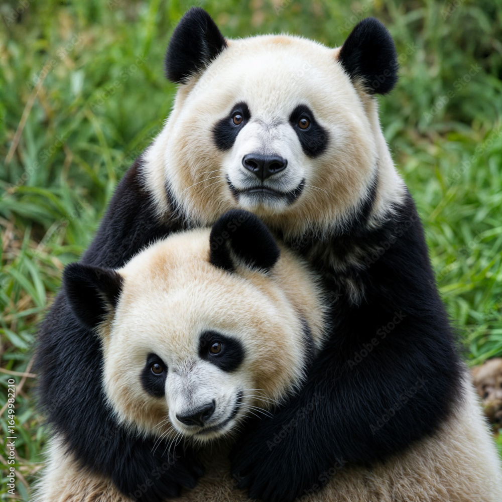 Obraz premium A giant panda hug another panda